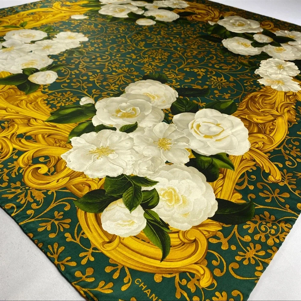 CHANEL Large Green and Gold Floral Silk Scarf